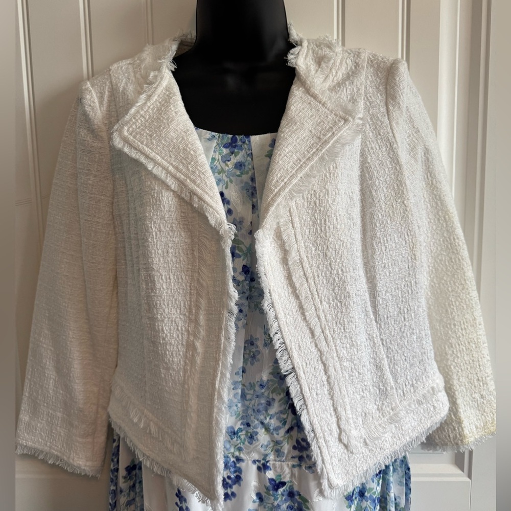 WHBM White Textured Fringe-Trim Jacket